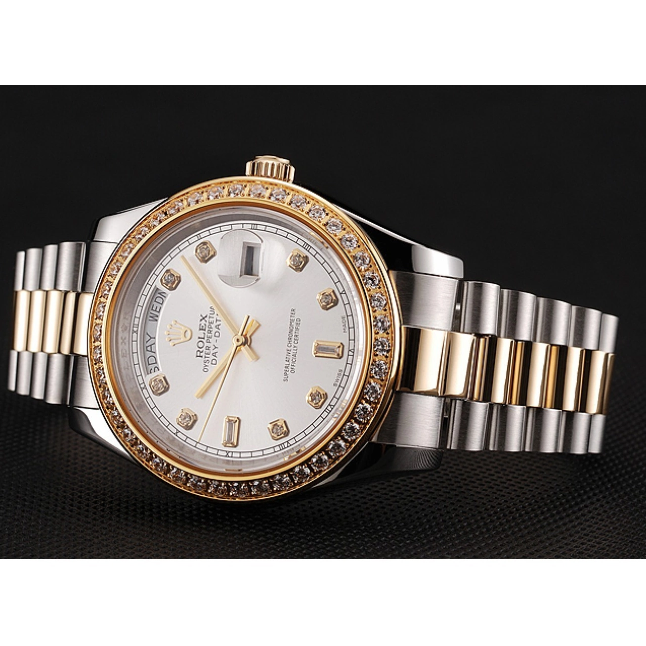 Rolex aaa copy Dial Diamond Tone Two Bracelet Gold White Day-Date Steel Rolex 1453972 Swiss Stainless Case 0701